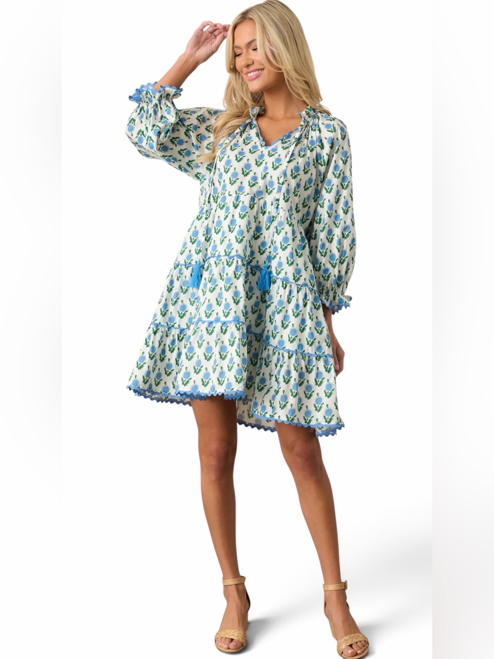 Entro – Floral Tiered Scallop Trim Mini Dress – Blue Green Floral – Sz. M